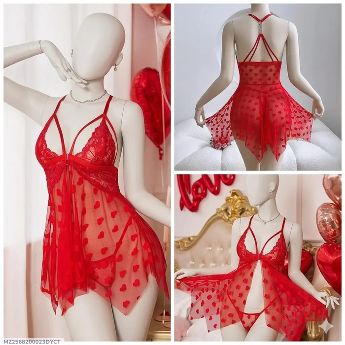 Red heart-patterned net lace short nighty with matching panty displayed on a mannequin