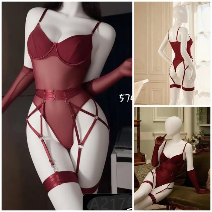 Maroon net lingerie bodysuit and garter belt displayed on a mannequin