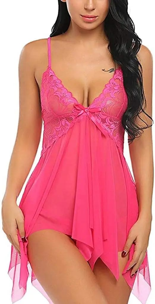 Pink net lace short nighty shown from front and back