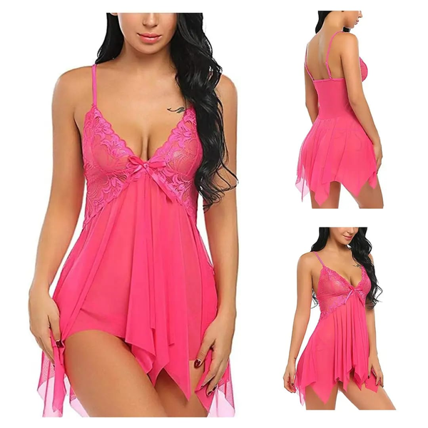 Pink net lace short nighty shown from front and back