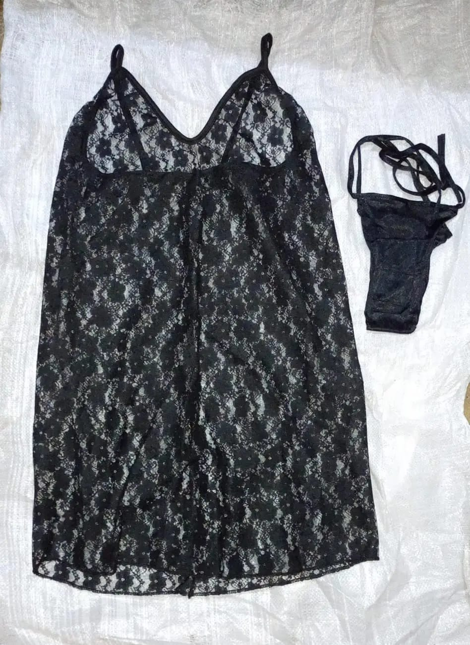 Black lace nightwear set for women shown from front and back