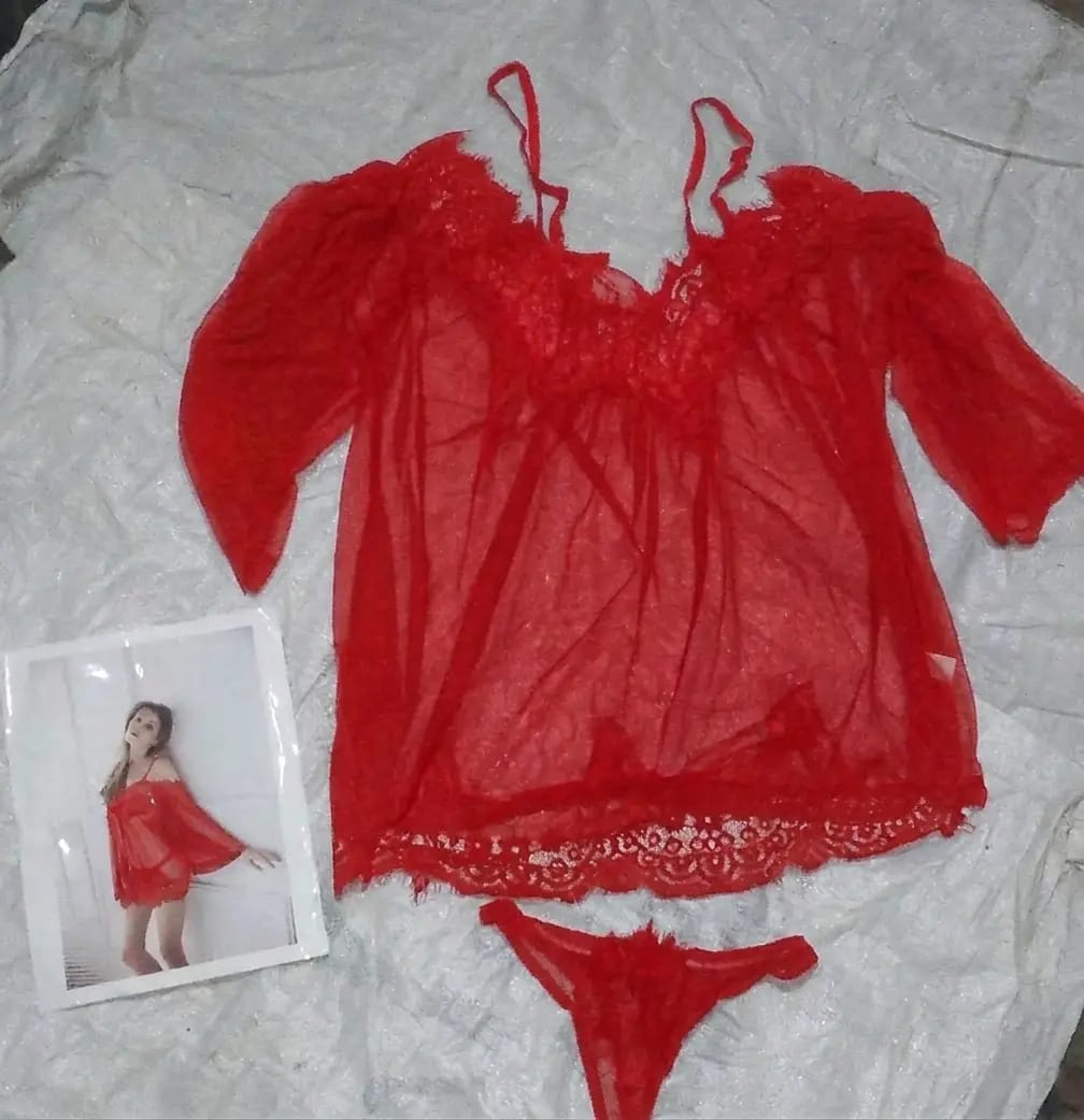 Red net lace short nighty with flowing sleeves shown from front and back