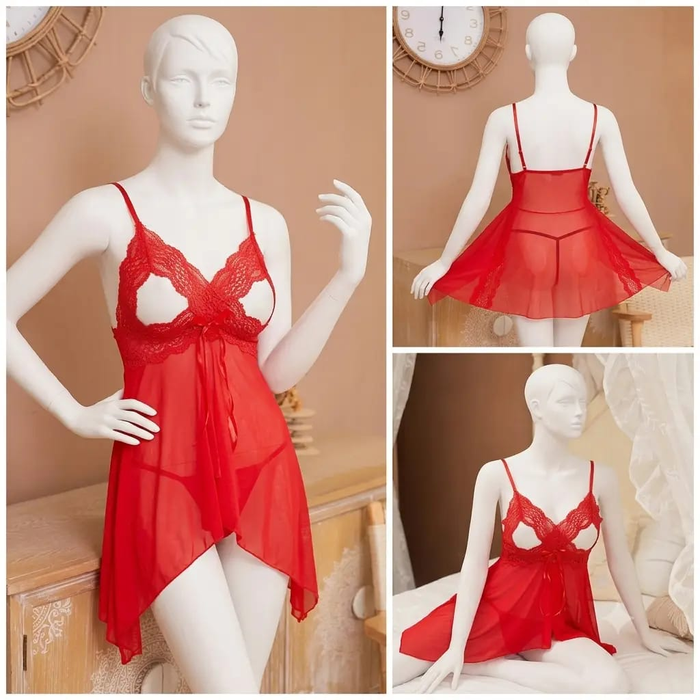 Front and back views of red net lace short nighty on an adult mannequin