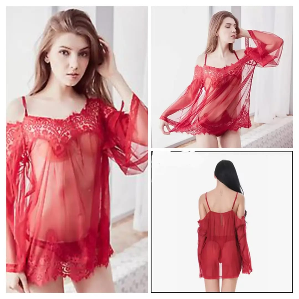 Red net lace short nighty with flowing sleeves shown from front and back