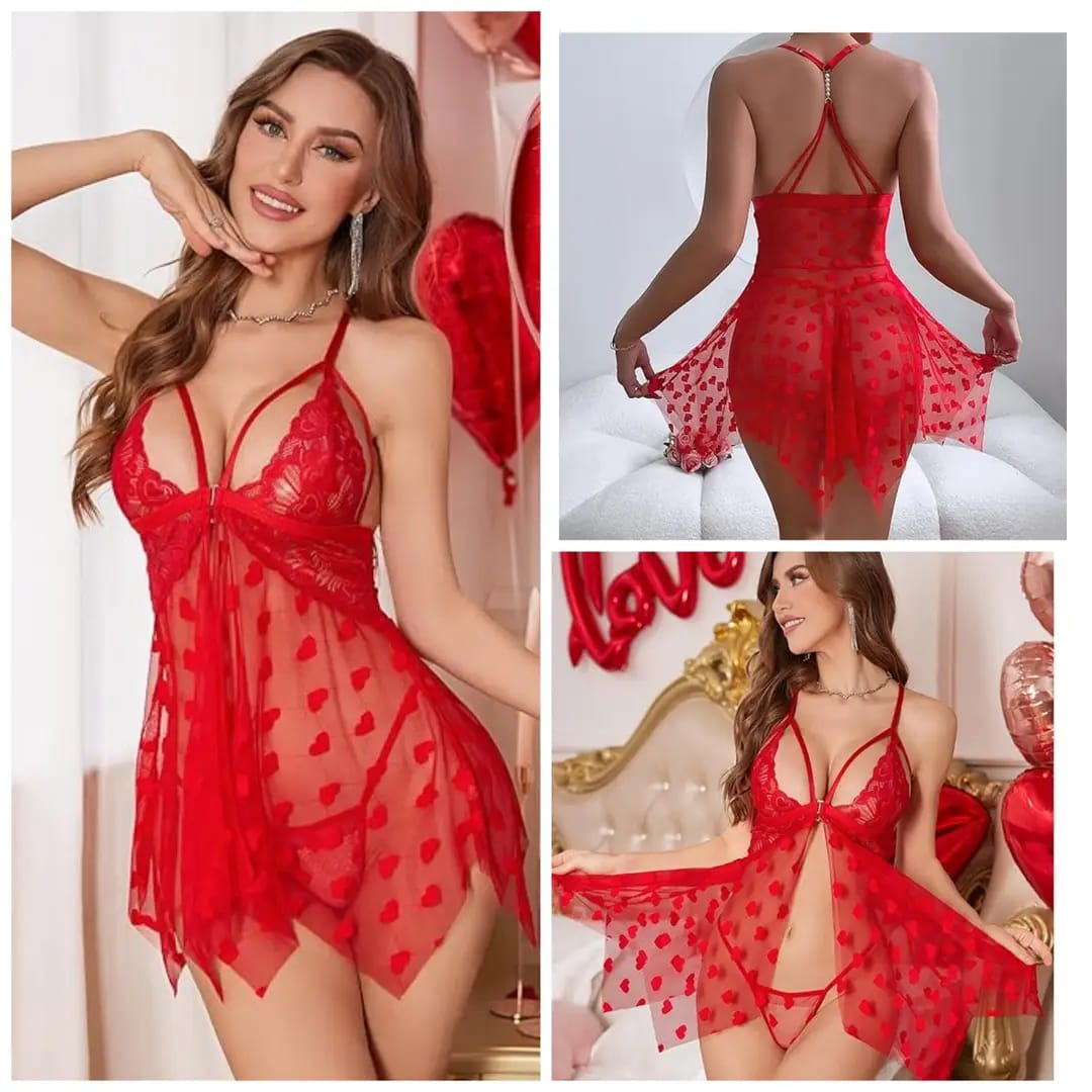Red heart-patterned net lace short nighty with matching panty displayed on a mannequin